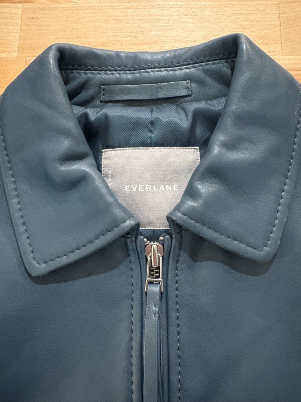 Everlane Modern Leather Zip Jacket with Classic Collar in Storm Blue - Picture 4 of 8
